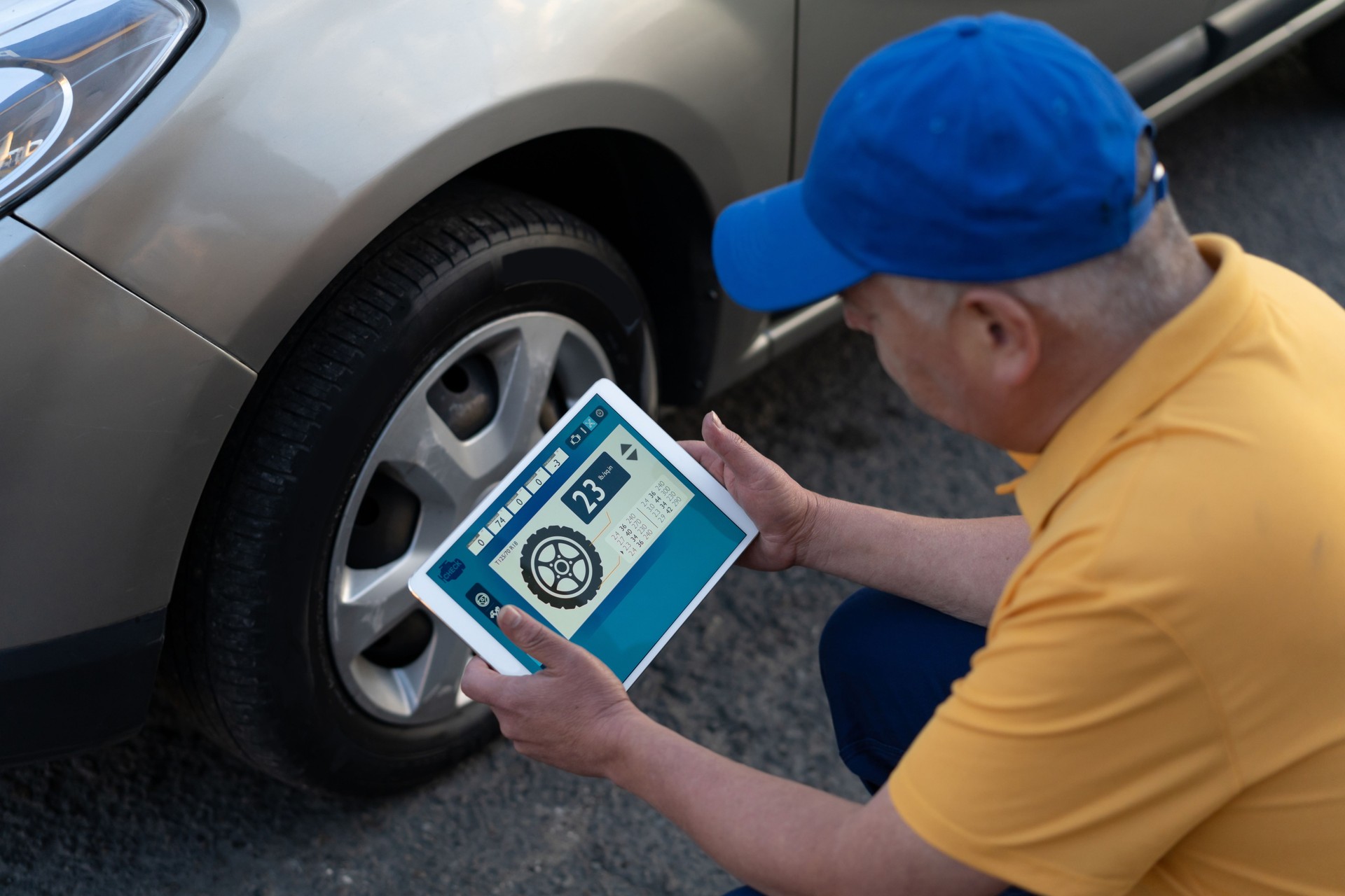 Mature mechanic checking the pressure on wheels using a tablet